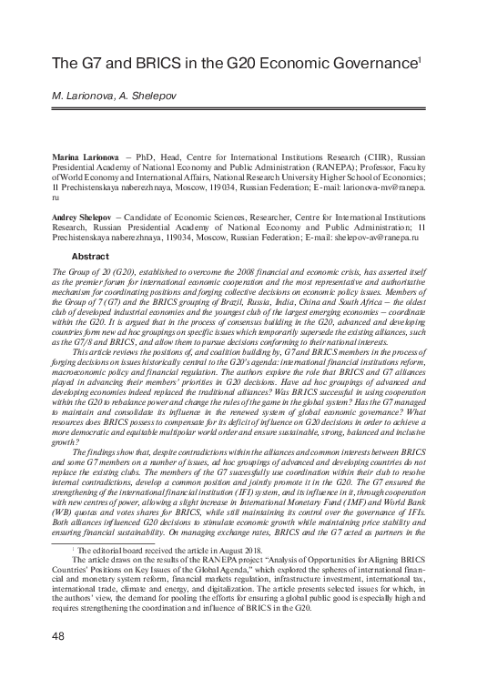 (PDF) The G20, G7 and BRICS in Global Economic Governance