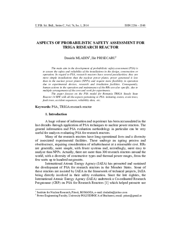 (PDF) Aspects of Probabilistic Safety Assessment for Triga Research Reactor