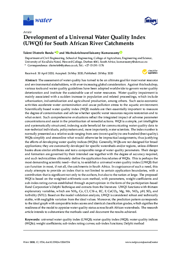 (PDF) Development of a Universal Water Quality Index (UWQI) for South ...