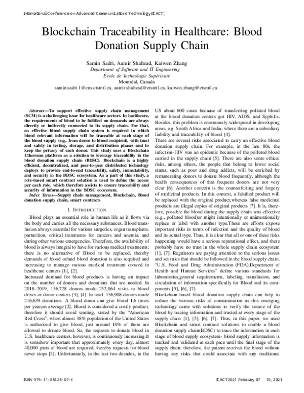 (PDF) Blockchain Traceability in Healthcare: Blood Donation Supply Chain