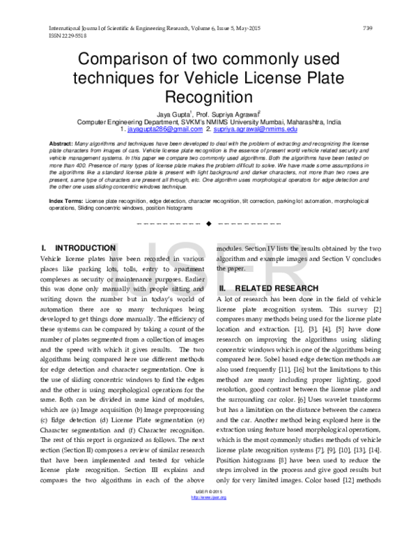 (PDF) Comparison of two commonly used techniques for Vehicle License ...