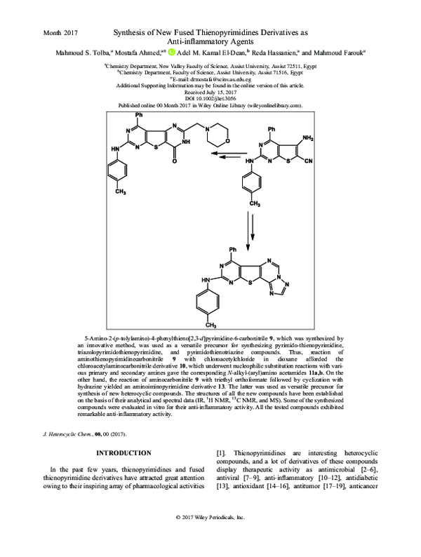 (PDF) Synthesis of New Fused Thienopyrimidines Derivatives as Anti ...
