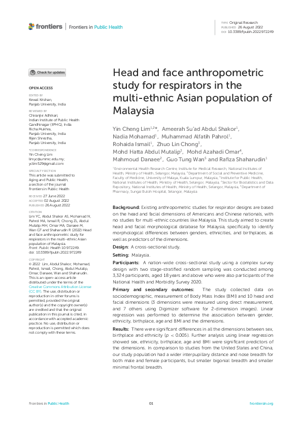 (PDF) Head and face anthropometric study for respirators in the multi ...