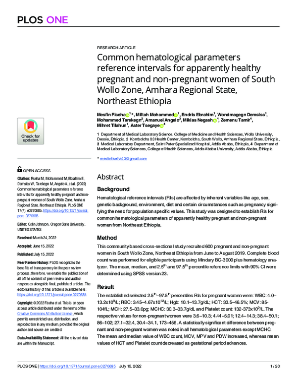 (PDF) Common hematological parameters reference intervals for ...