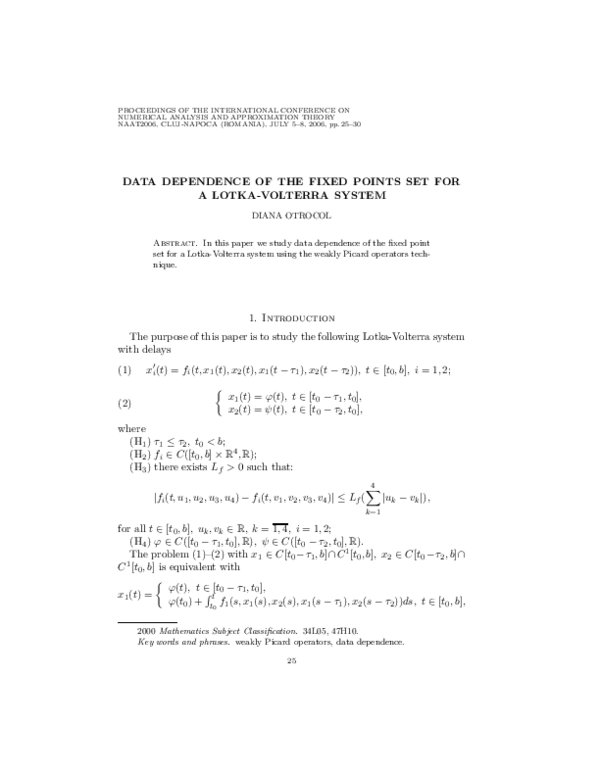 (PDF) Data Dependence of the Fixed Points Set for a Lotka-Volterra System