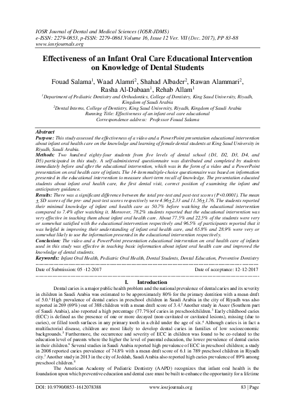 (PDF) Effectiveness of an Infant Oral Care Educational Intervention on ...