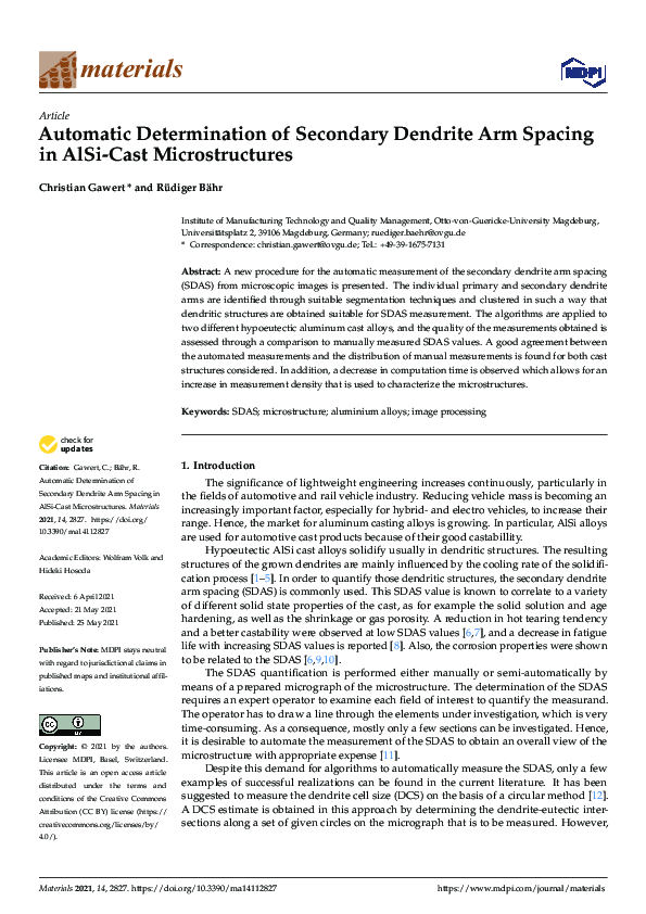 (PDF) Automatic Determination of Secondary Dendrite Arm Spacing in AlSi ...