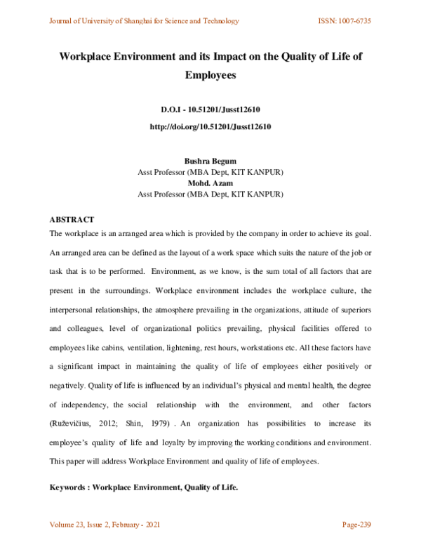 (PDF) Workplace Environment and its Impact on the Quality of Life of ...