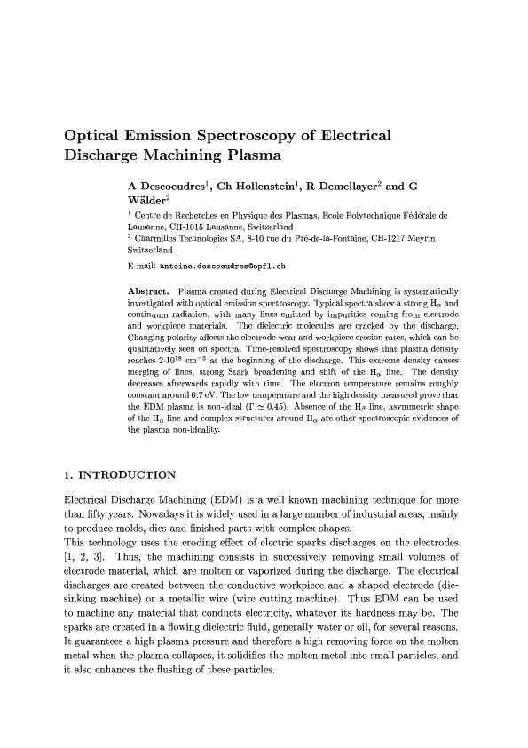 (PDF) Optical emission spectroscopy of electrical discharge machining ...