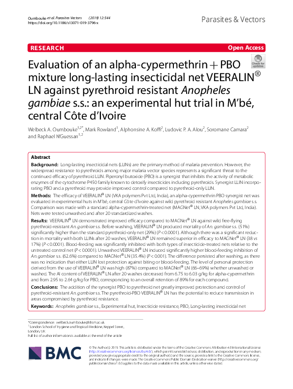 (PDF) Evaluation of an alpha-cypermethrin + PBO mixture long-lasting ...