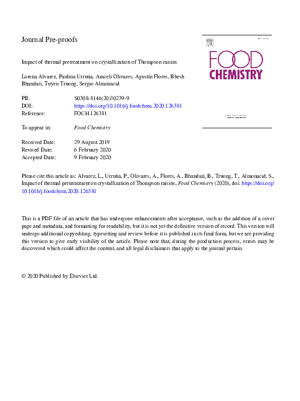 (PDF) Impact of thermal pretreatment on crystallization of Thompson raisins