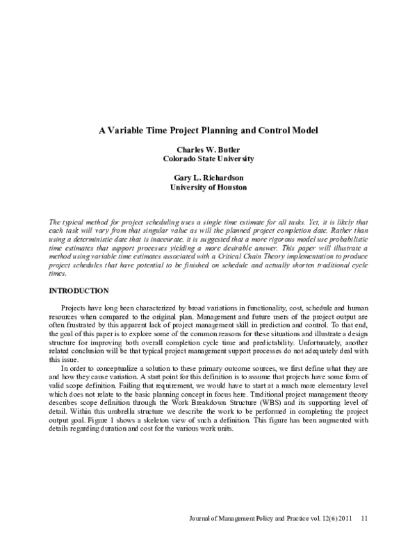(PDF) A Variable Time Project Planning and Control Model Gary Richardson Academia.edu