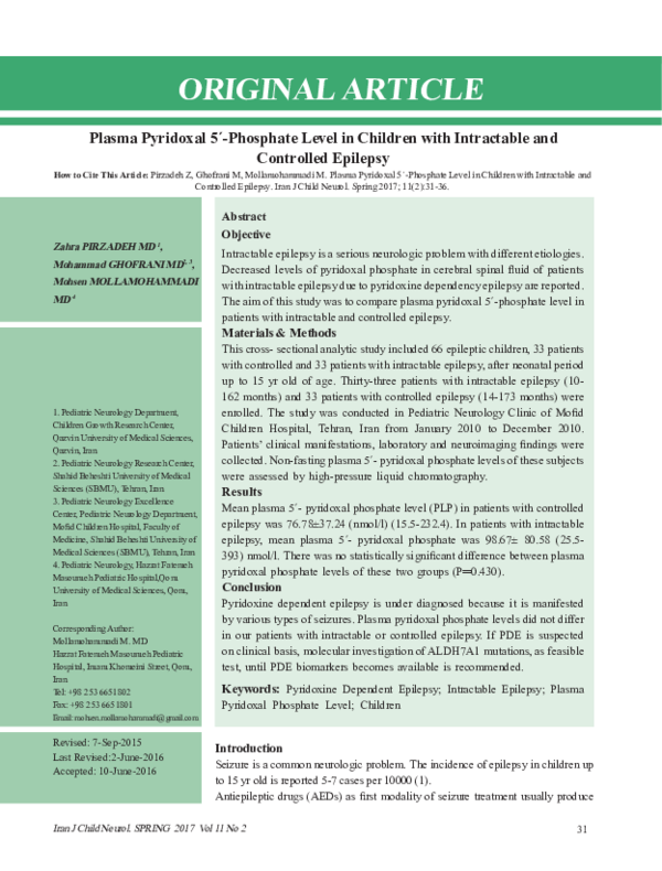 (PDF) Plasma Pyridoxal 5´-Phosphate Level in Children with Intractable ...