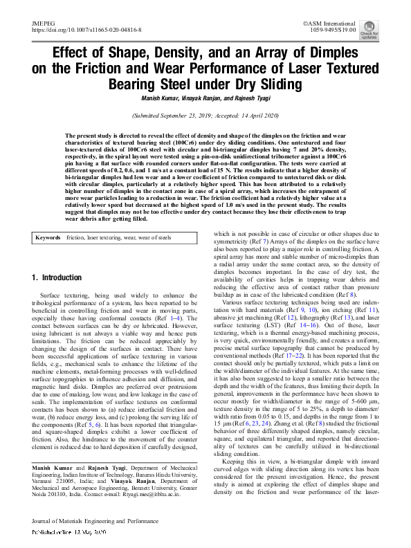 (PDF) Effect of Shape, Density, and an Array of Dimples on the Friction ...