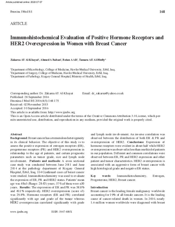 (PDF) Immunohistochemical evaluation of positive hormone receptors and ...