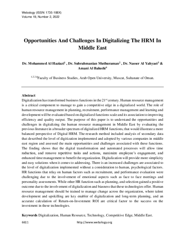 (PDF) Opportunities And Challenges In Digitalizing The HRM In Middle East