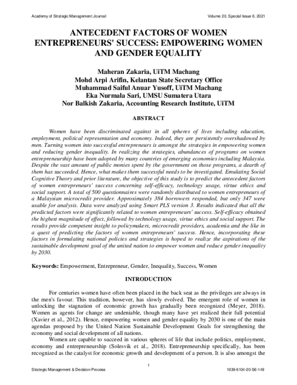 (PDF) Antecedent Factors of Women Entrepreneurs Success: Empowering ...