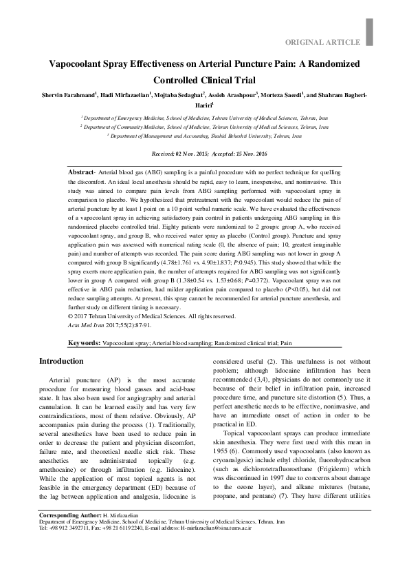 (PDF) Vapocoolant Spray Effectiveness on Arterial Puncture Pain A
