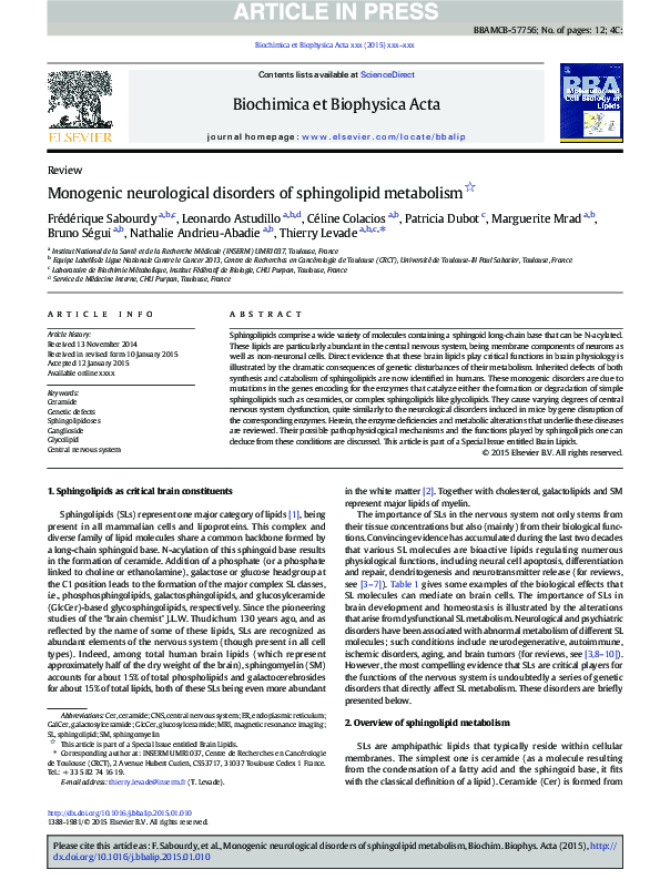 (PDF) Monogenic neurological disorders of sphingolipid metabolism