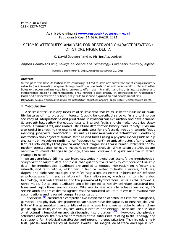 (PDF) Seismic attributes analysis for reservoir characterization ...