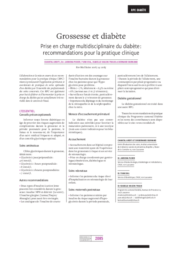 (PDF) Grossesse et diabète: Prise en charge multidisciplinaire du ...