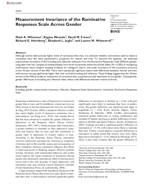 (PDF) Measurement Invariance of the Ruminative Responses Scale Across ...