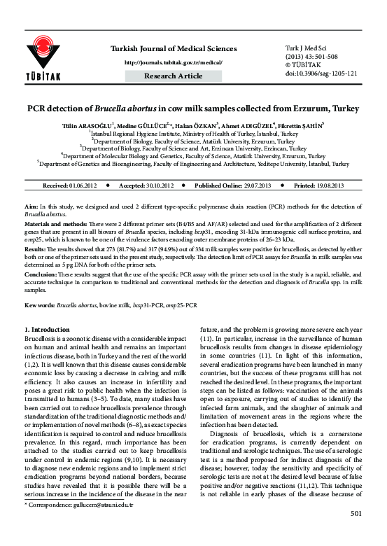(PDF) PCR detection of Brucella abortus in cow milk samples collected ...