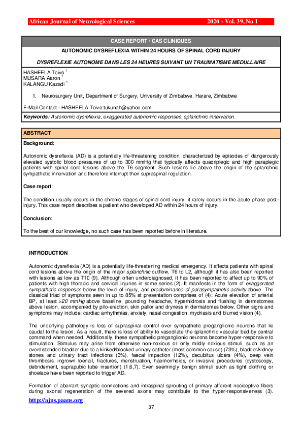 (PDF) Autonomic dysreflexia within 24 hours of spinal cord injury