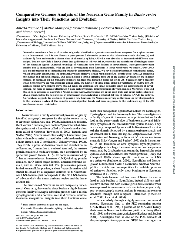 (PDF) Comparative Genome Analysis of the Neurexin Gene Family in Danio ...