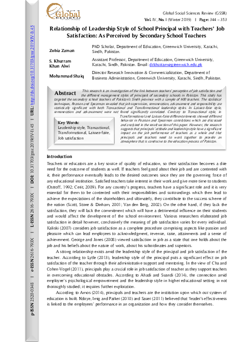 (PDF) Relationship of Leadership Style of School Principal with ...