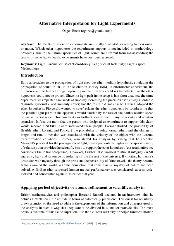 (PDF) Alternative Interpretaion for Light Experiments Özgen Ersan