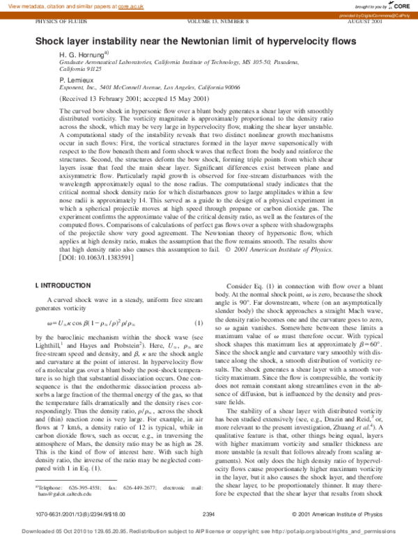 (PDF) Shock layer instability near the Newtonian limit of hypervelocity ...
