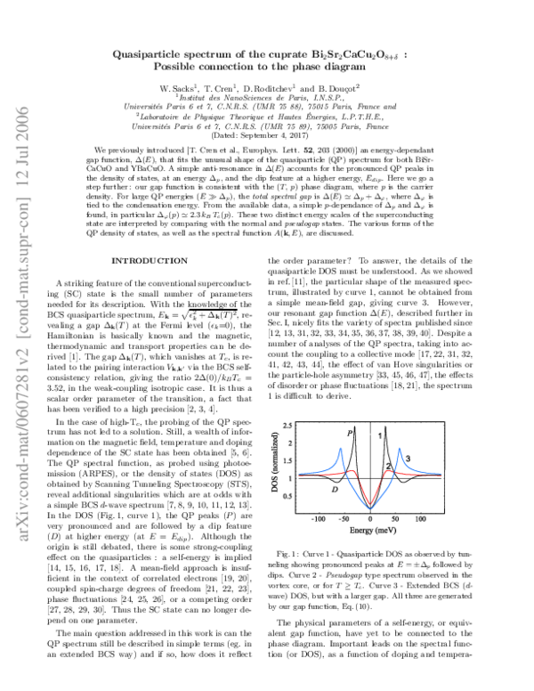 (PDF) Quasiparticle spectrum of the cuprateBi2Sr2CaCu2O8+δ: Possible ...