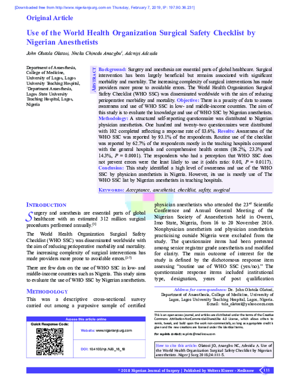 (PDF) Use of the World Health Organization Surgical Safety Checklist by ...
