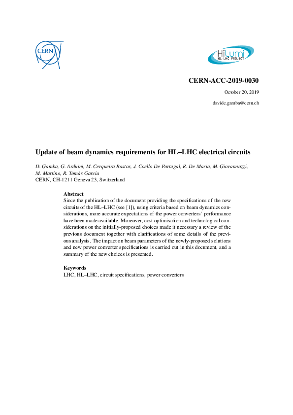 (PDF) Update of beam dynamics requirements for HL-LHC electrical circuits