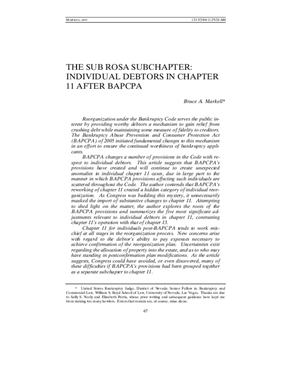 (PDF) The sub rosa subchapter: Individual debtors in chapter 11 after ...