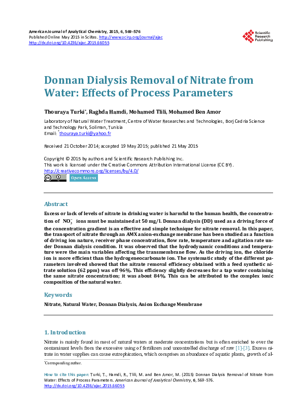 (PDF) Donnan Dialysis Removal of Nitrate from Water: Effects of Process ...