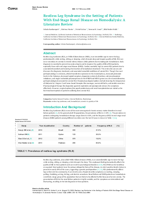 (PDF) Restless Leg Syndrome in the Setting of Patients With EndStage