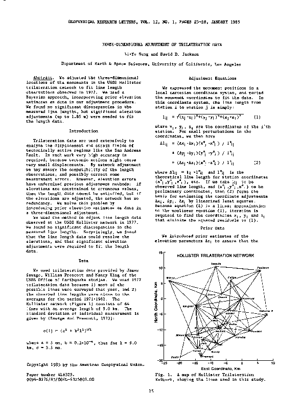 (PDF) Three-dimensional adjustment of trilateration data