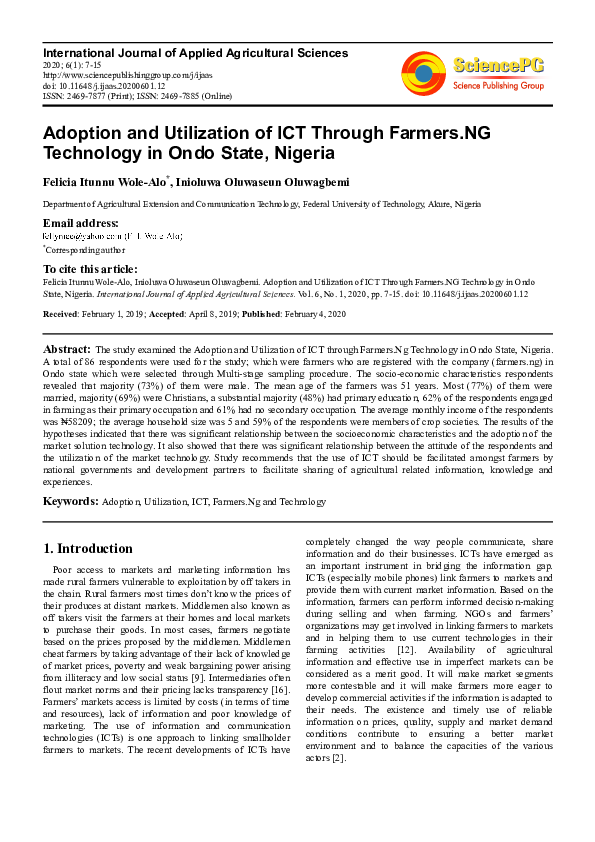 (PDF) Adoption and Utilization of ICT Through Farmers.NG Technology in ...