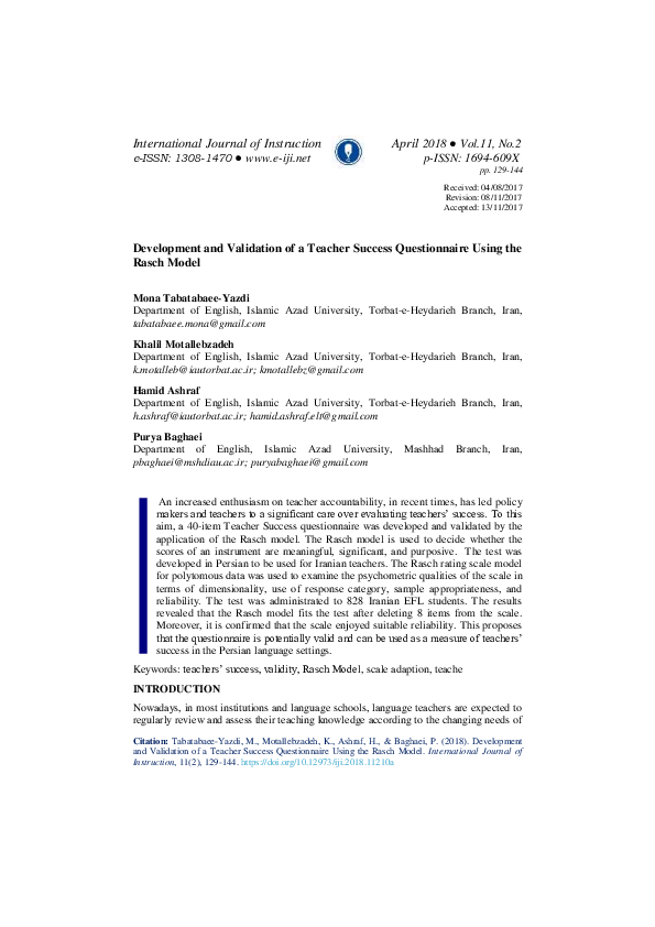 (PDF) Development and Validation of a Teacher Success Questionnaire ...