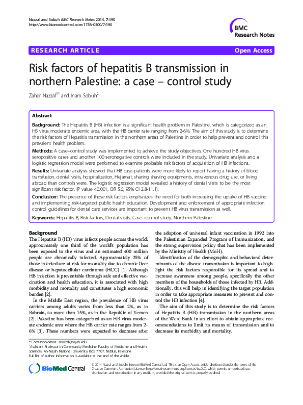 (PDF) Risk factors of hepatitis B transmission in northern Palestine: a ...