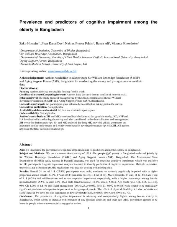 (PDF) Prevalence and predictors of cognitive impairment among the ...