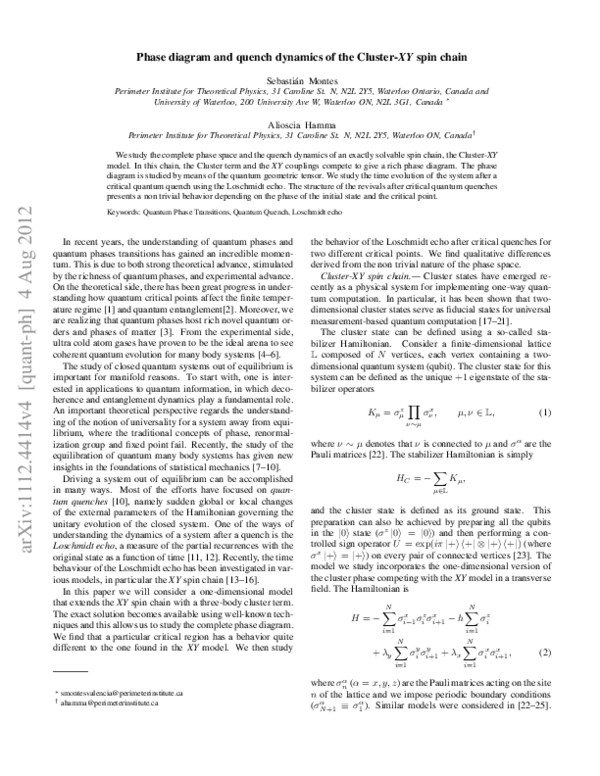 (PDF) Phase diagram and quench dynamics of the cluster-XYspin chain