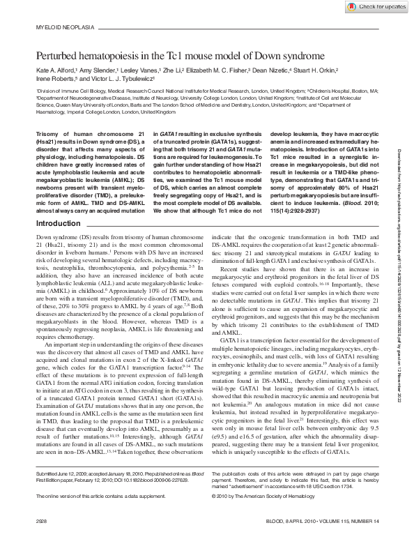(PDF) Perturbed hematopoiesis in the Tc1 mouse model of Down syndrome