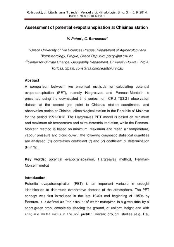 (PDF) Assessment of potential evapotranspiration at Chisinau station