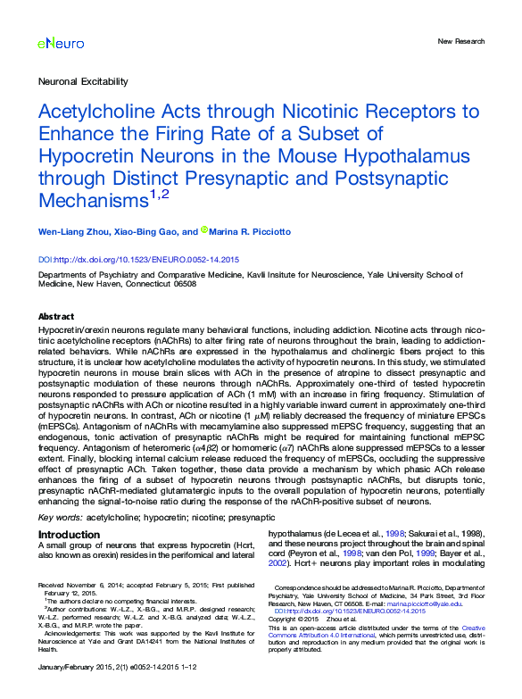 Acetylcholine Acts through Nicotinic Receptors to Enhance the Firing Rate of a Subset of Hypocretin Neurons in the Mouse Hypothalamus through Distinct Presynaptic and Postsynaptic Mechanisms(.)