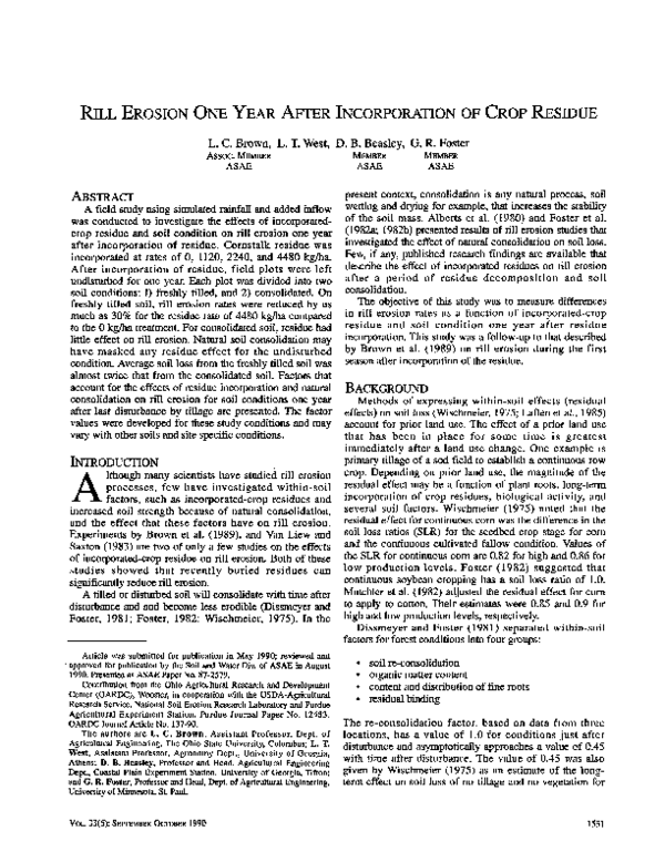 (PDF) Rill Erosion One Year After Incorporation of Crop Residue