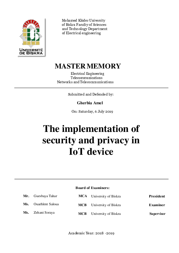 (PDF) The implementation of security and privacy in IoT device