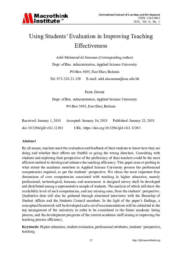 Pdf Using Students Evaluation In Improving Teaching Effectiveness
